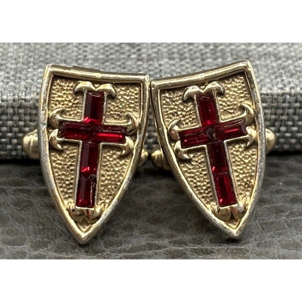 Vintage Hickok USA Shield Cross Red Rhinestone Unique Cufflinks Gold Tone